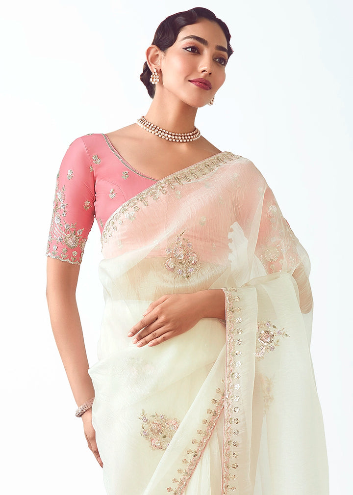 Pearl White Tissue Saree with Floral Embroidery Design