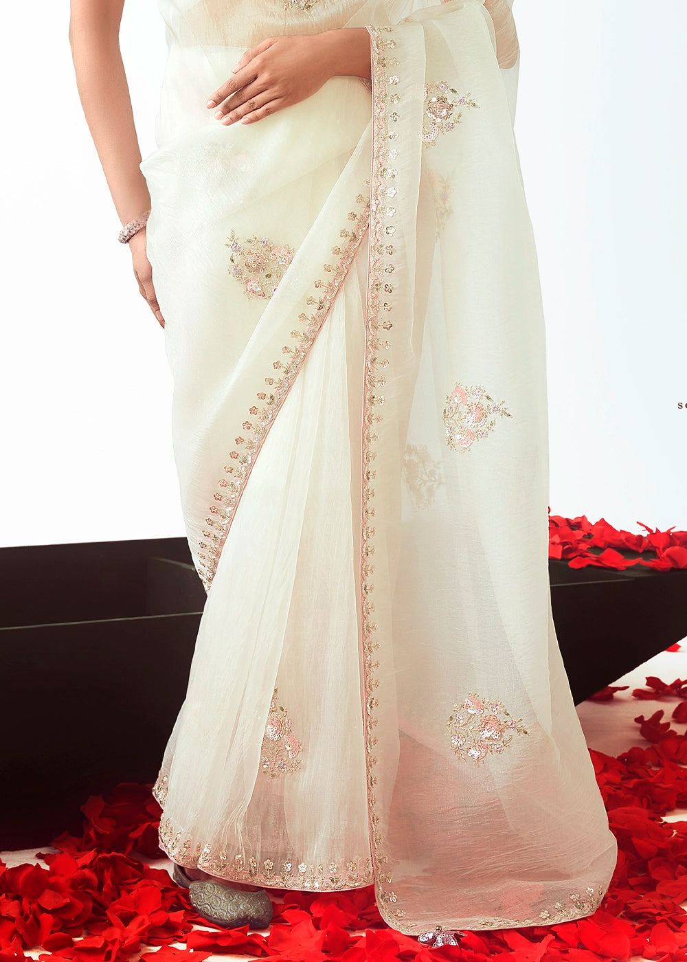 Pearl White Tissue Saree with Floral Embroidery Design