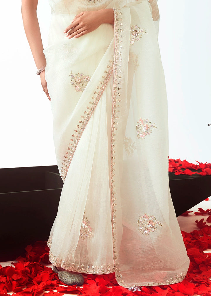 Pearl White Tissue Saree with Floral Embroidery Design