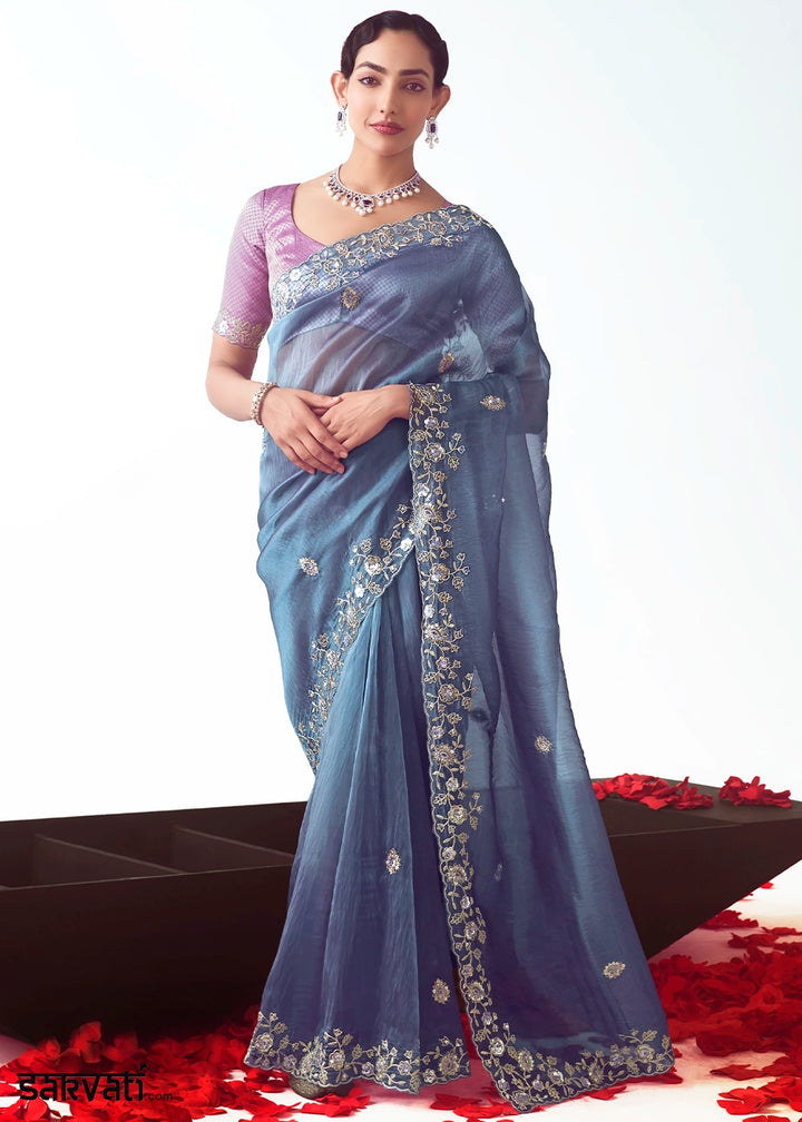 Cornflower Blue Shaded Tissue Saree with Floral Embroidery Design