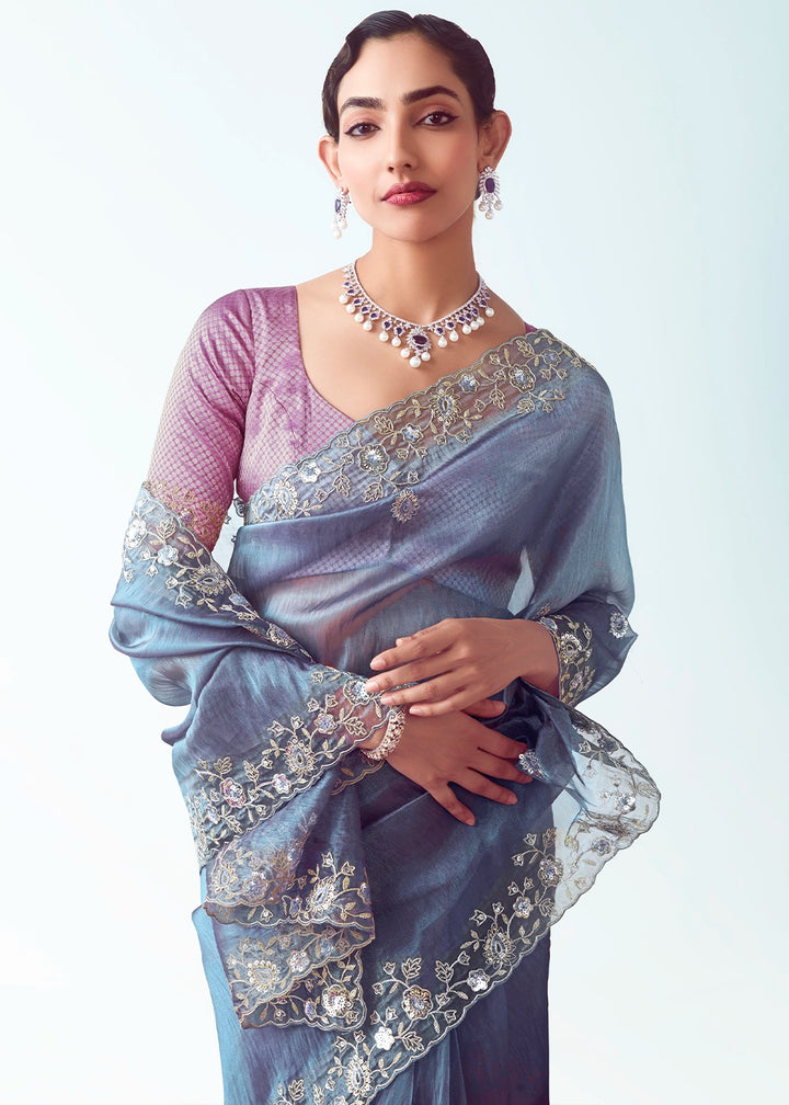 Cornflower Blue Shaded Tissue Saree with Floral Embroidery Design