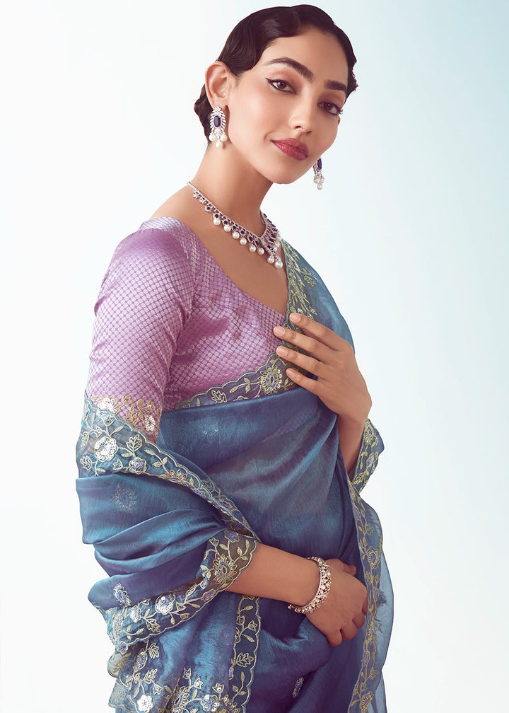 Cornflower Blue Shaded Tissue Saree with Floral Embroidery Design