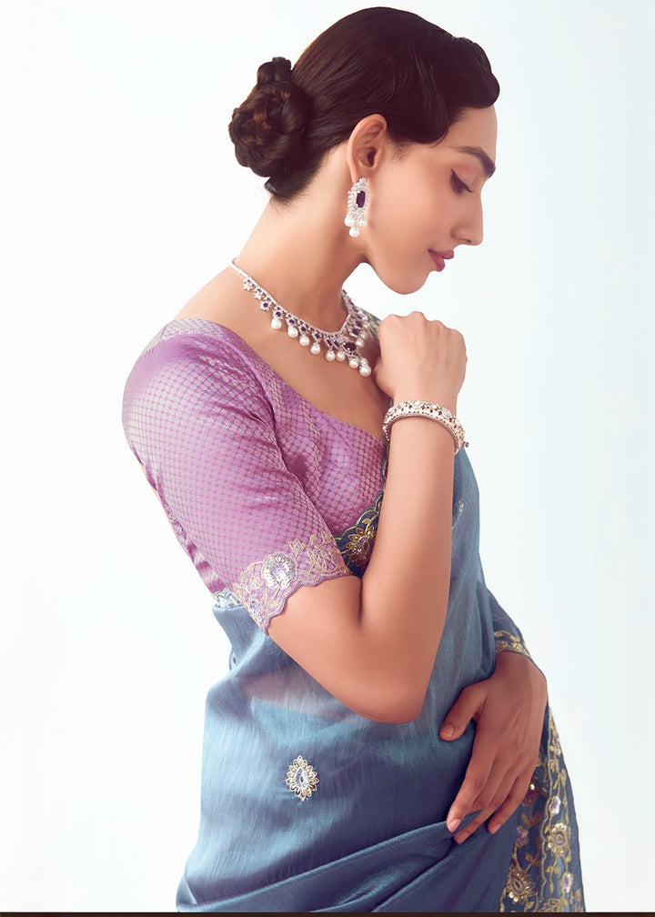 Cornflower Blue Shaded Tissue Saree with Floral Embroidery Design