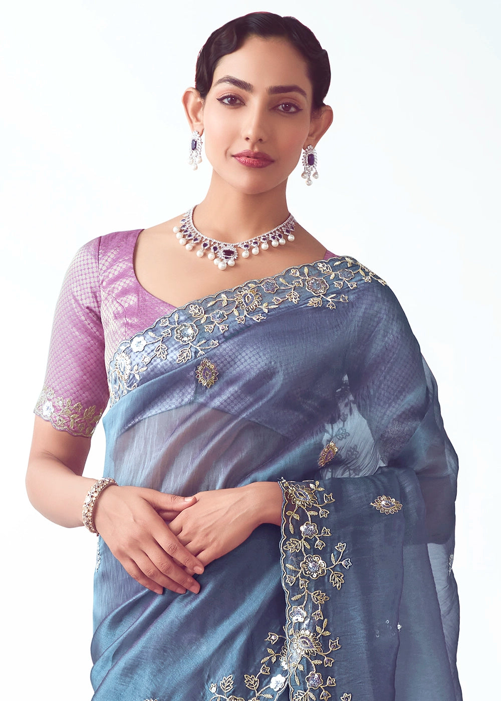 Cornflower Blue Shaded Tissue Saree with Floral Embroidery Design