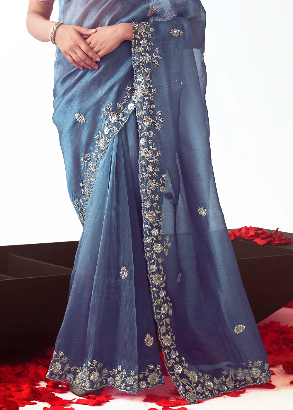 Cornflower Blue Shaded Tissue Saree with Floral Embroidery Design