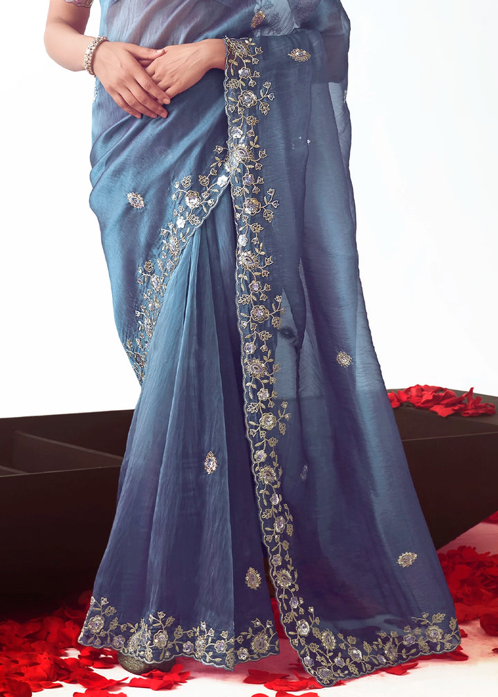 Cornflower Blue Shaded Tissue Saree with Floral Embroidery Design