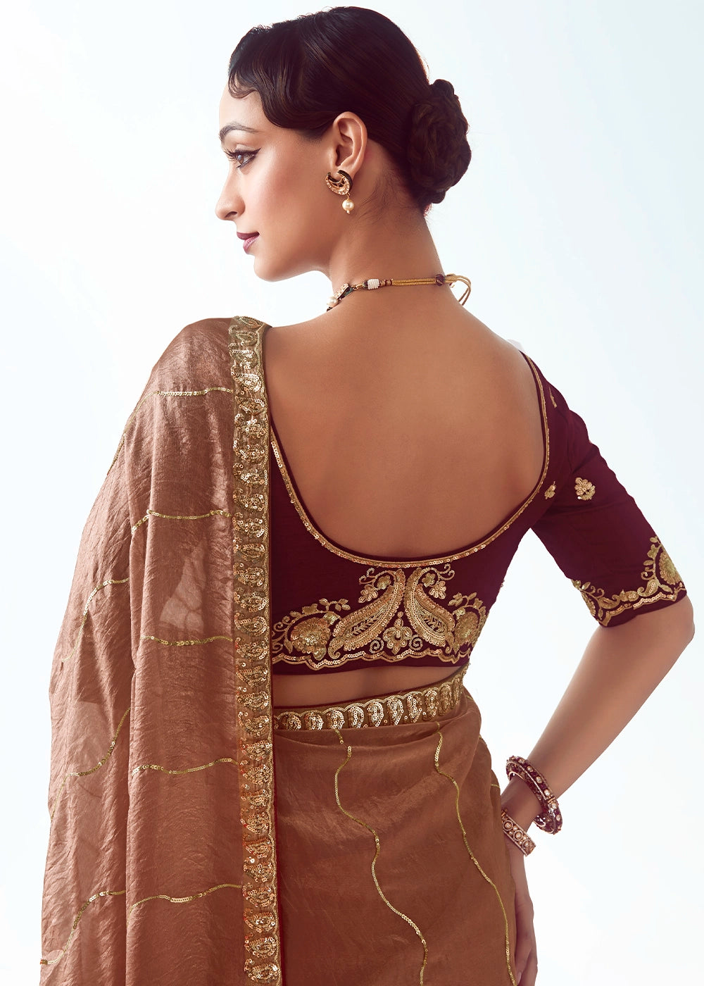 Caramel Brown Tissue Saree with Floral Embroidery Design