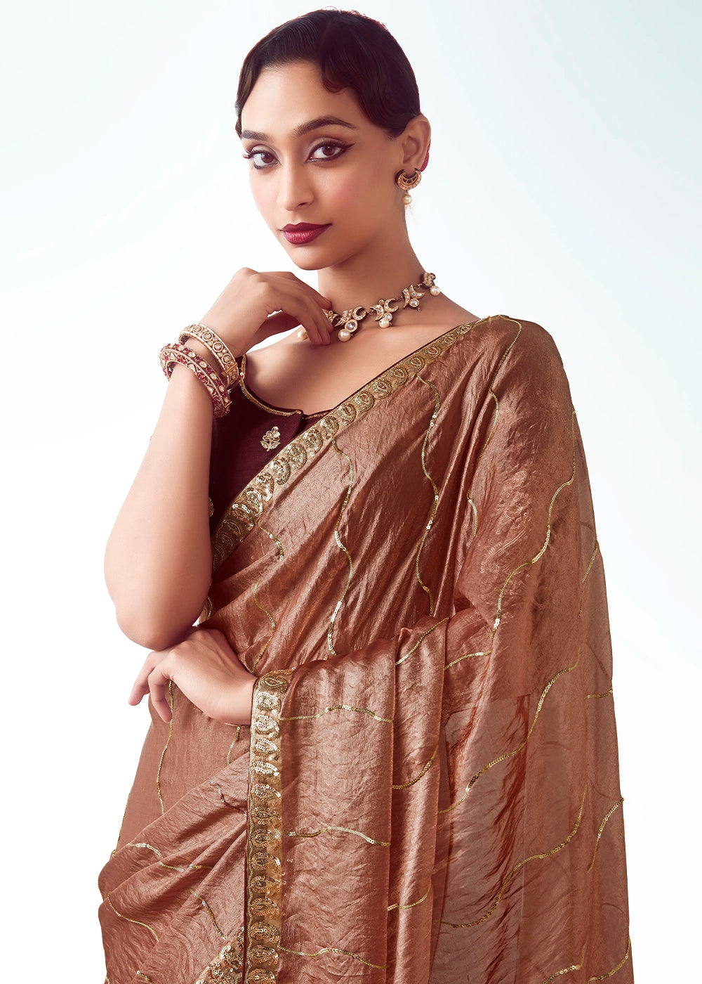Caramel Brown Tissue Saree with Floral Embroidery Design