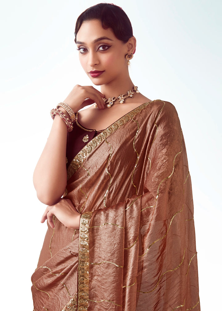 Caramel Brown Tissue Saree with Floral Embroidery Design