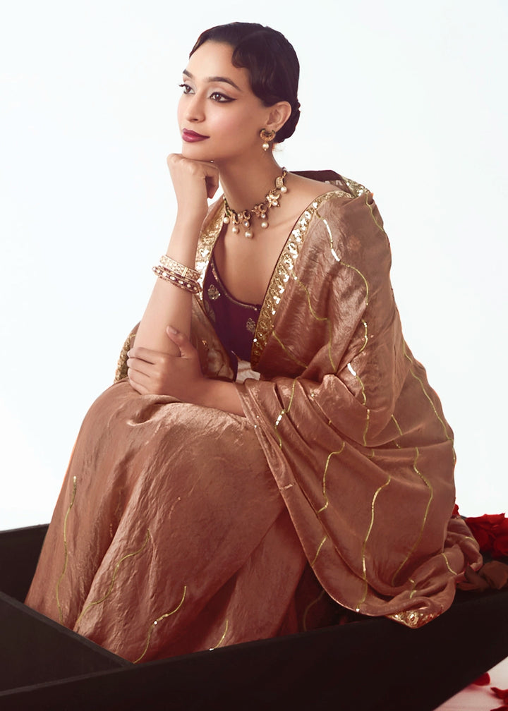 Caramel Brown Tissue Saree with Floral Embroidery Design