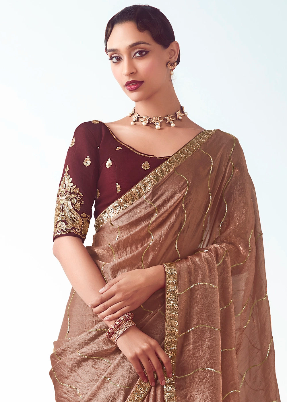 Caramel Brown Tissue Saree with Floral Embroidery Design
