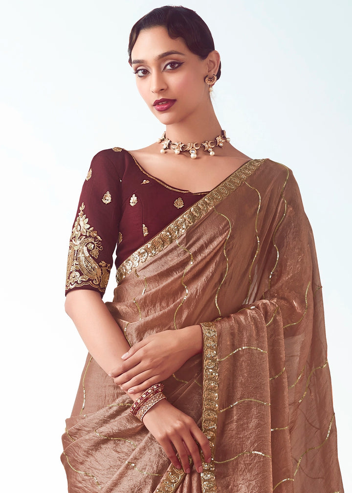 Caramel Brown Tissue Saree with Floral Embroidery Design