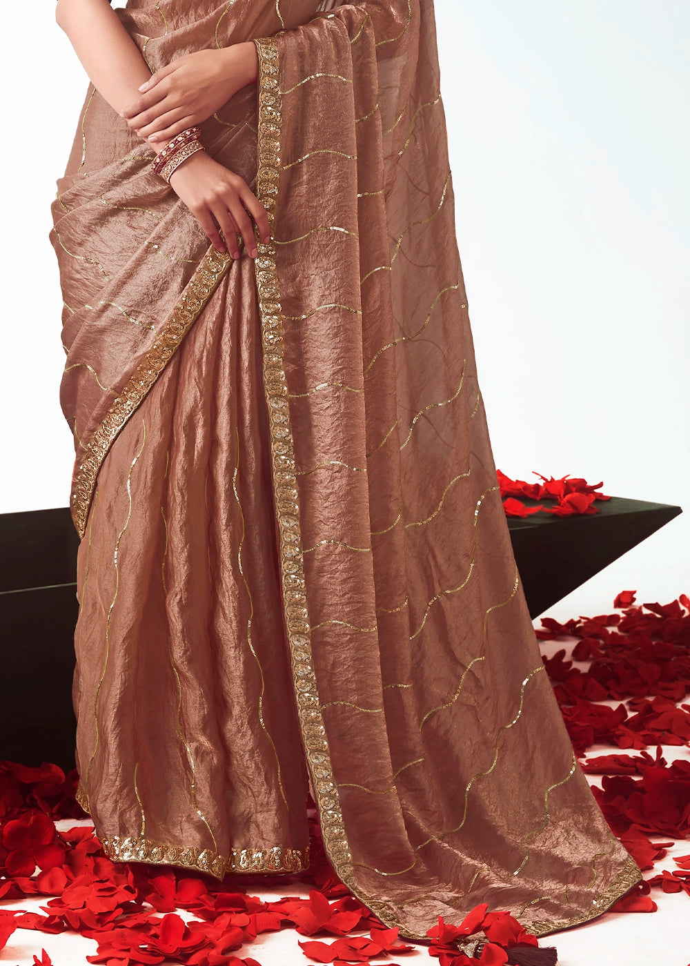 Caramel Brown Tissue Saree with Floral Embroidery Design