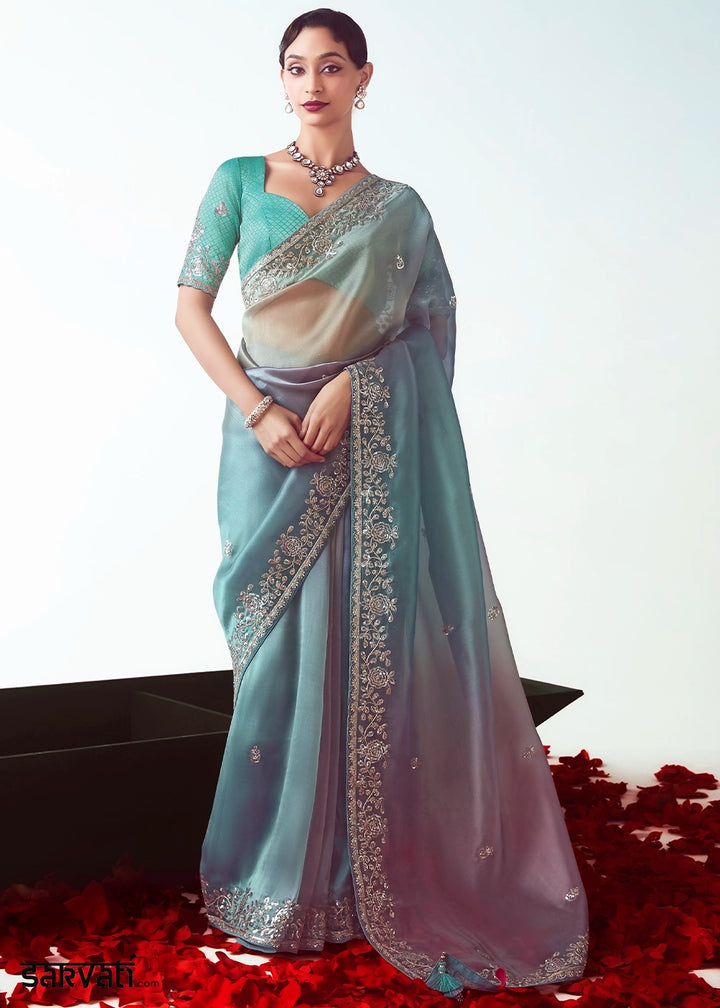 Blue & Pink Shaded Tissue Saree with Floral Embroidery Design