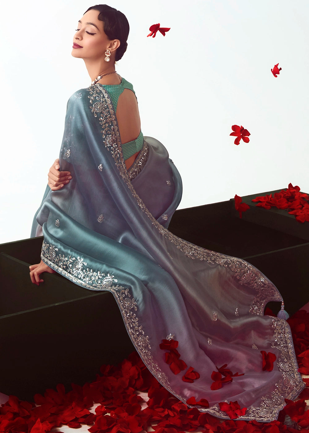 Blue & Pink Shaded Tissue Saree with Floral Embroidery Design