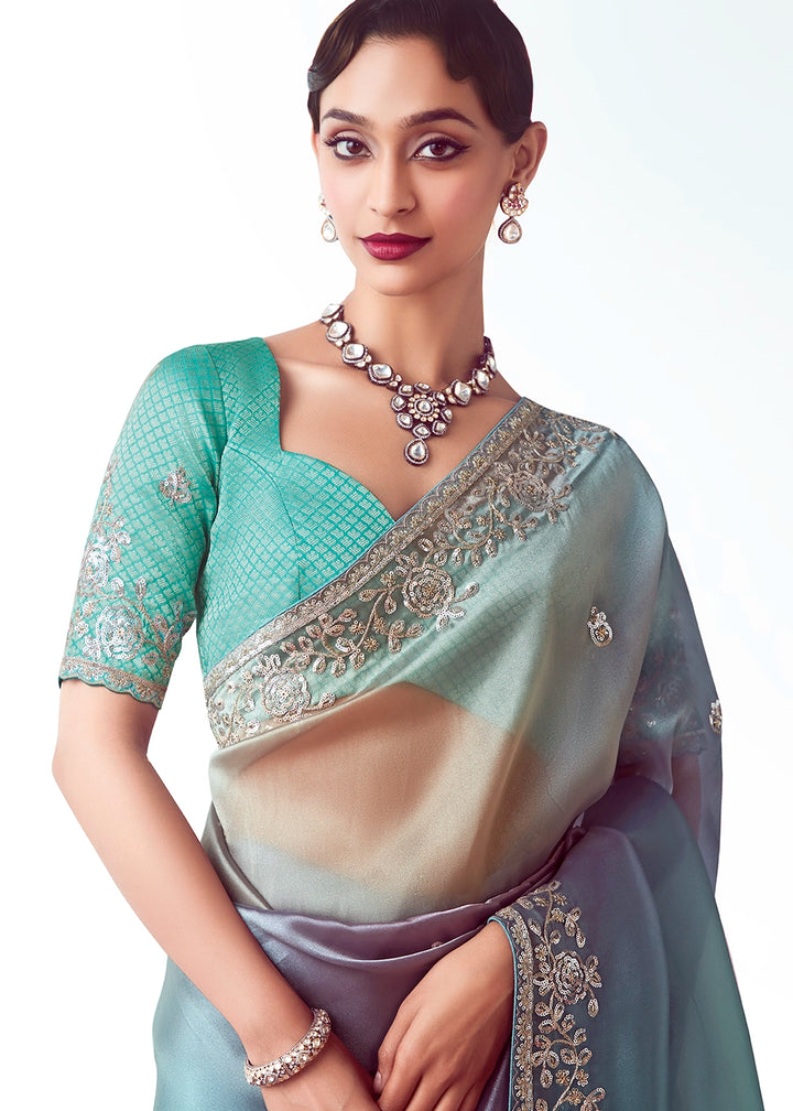 Blue & Pink Shaded Tissue Saree with Floral Embroidery Design