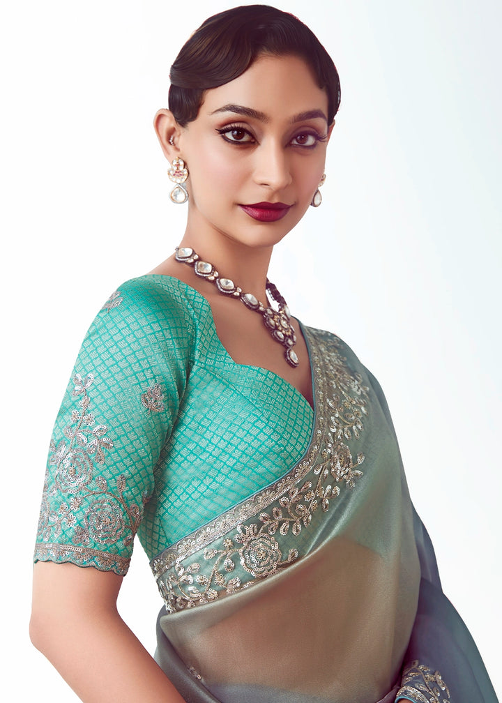Blue & Pink Shaded Tissue Saree with Floral Embroidery Design