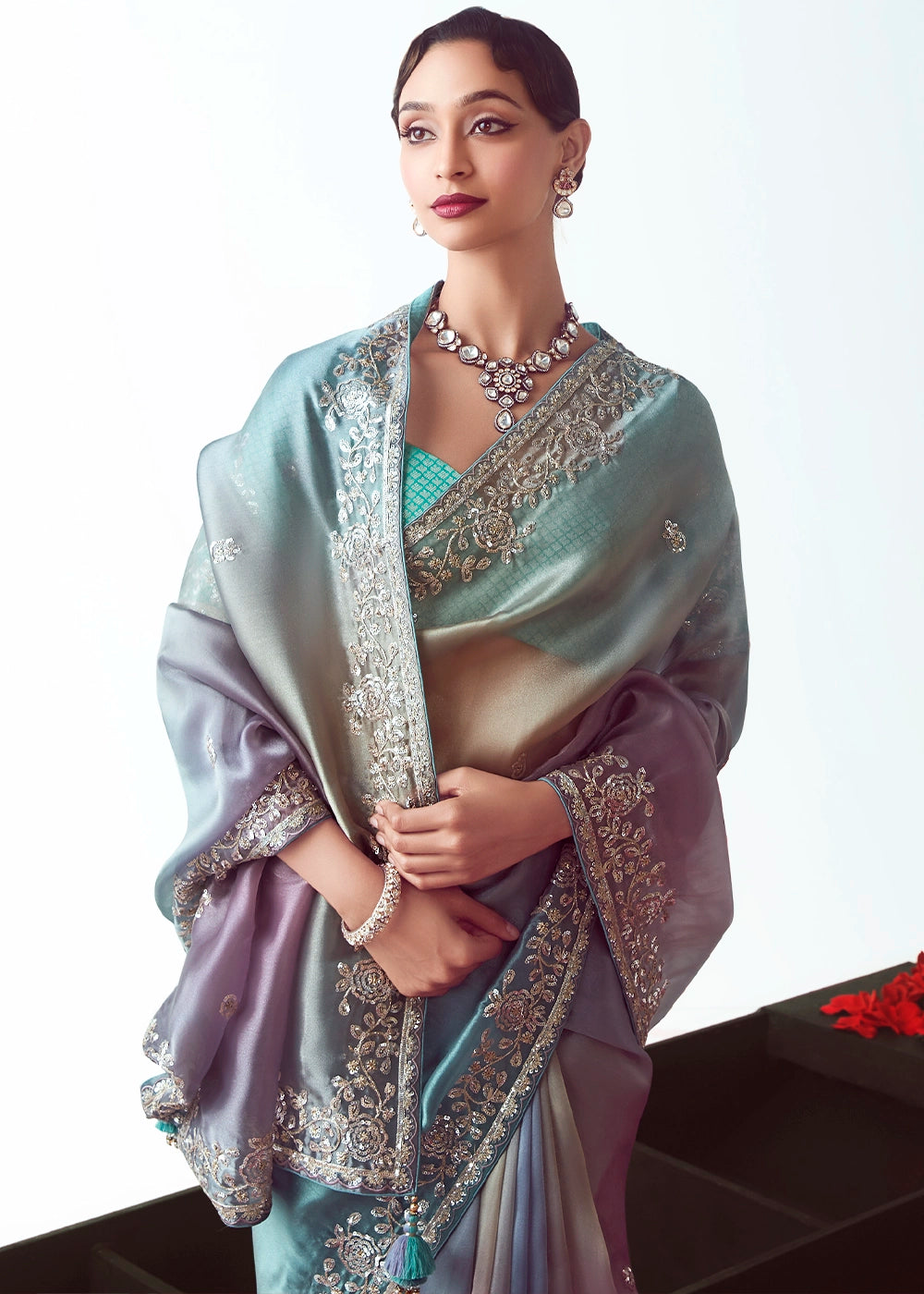 Blue & Pink Shaded Tissue Saree with Floral Embroidery Design