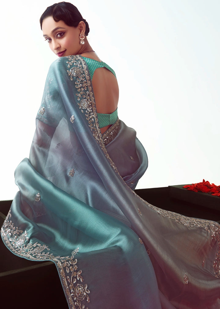 Blue & Pink Shaded Tissue Saree with Floral Embroidery Design