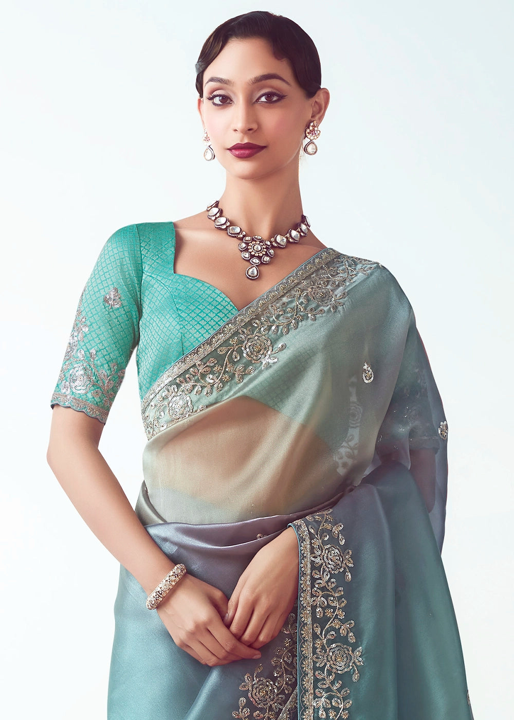 Blue & Pink Shaded Tissue Saree with Floral Embroidery Design