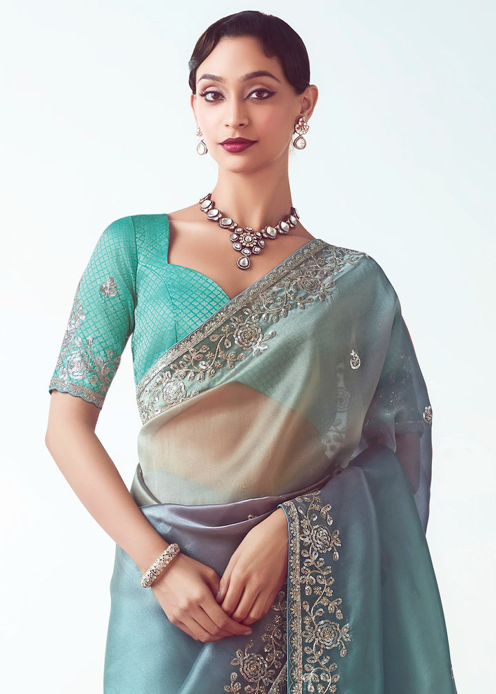 Blue & Pink Shaded Tissue Saree with Floral Embroidery Design