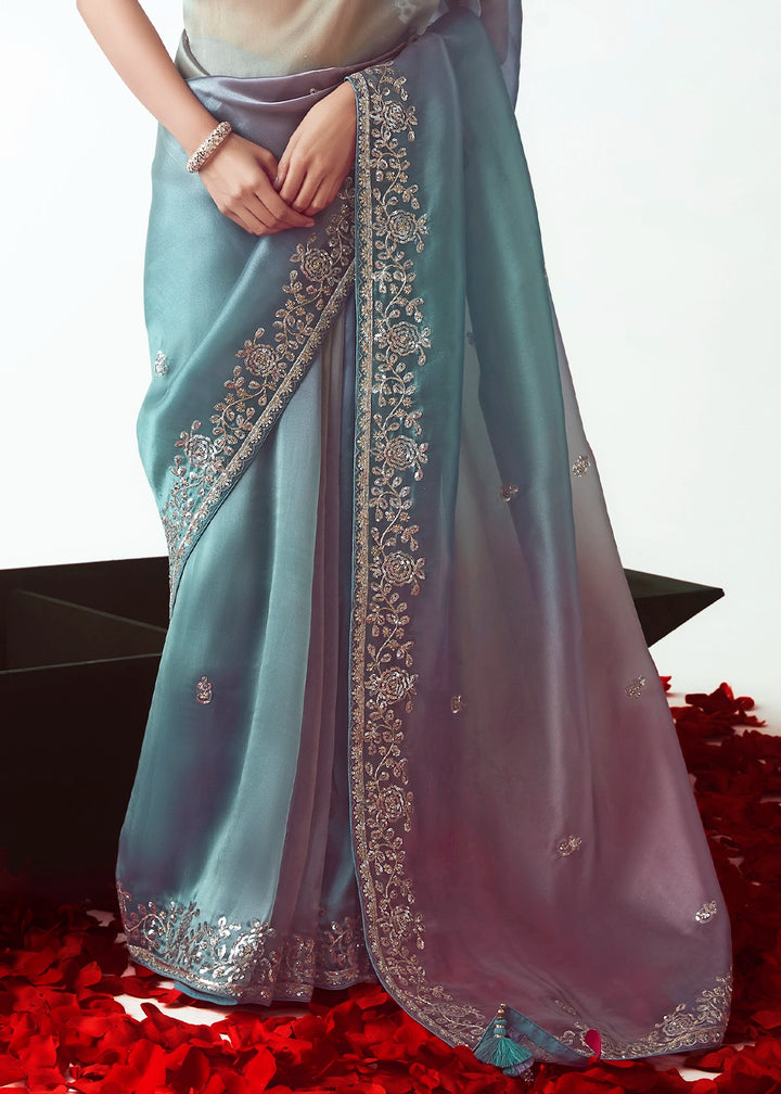 Blue & Pink Shaded Tissue Saree with Floral Embroidery Design