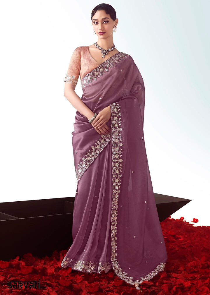 African Purple Tissue Saree with Floral Embroidery Design