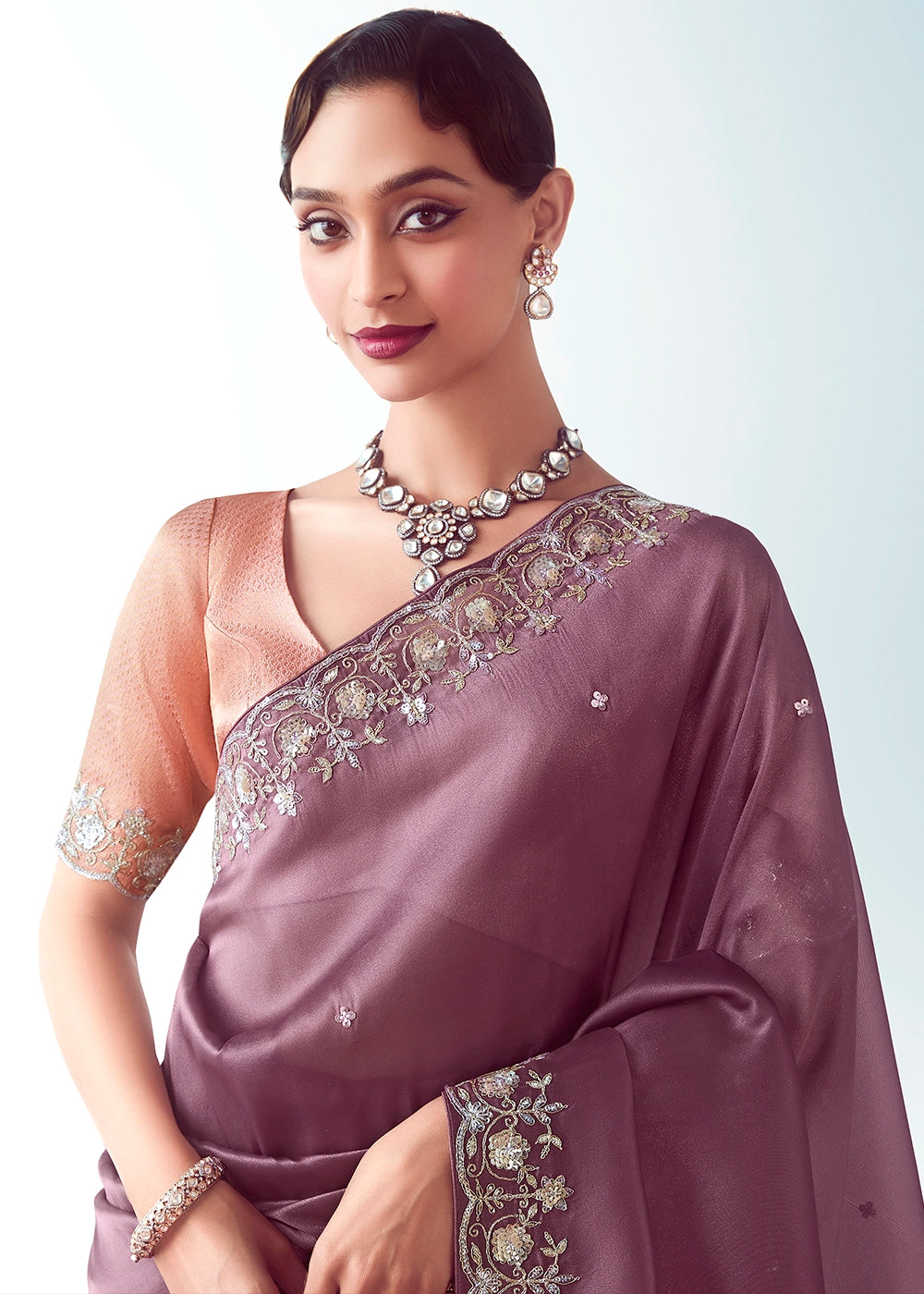 African Purple Tissue Saree with Floral Embroidery Design