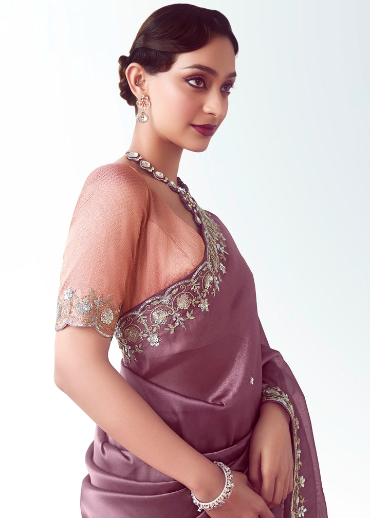 African Purple Tissue Saree with Floral Embroidery Design