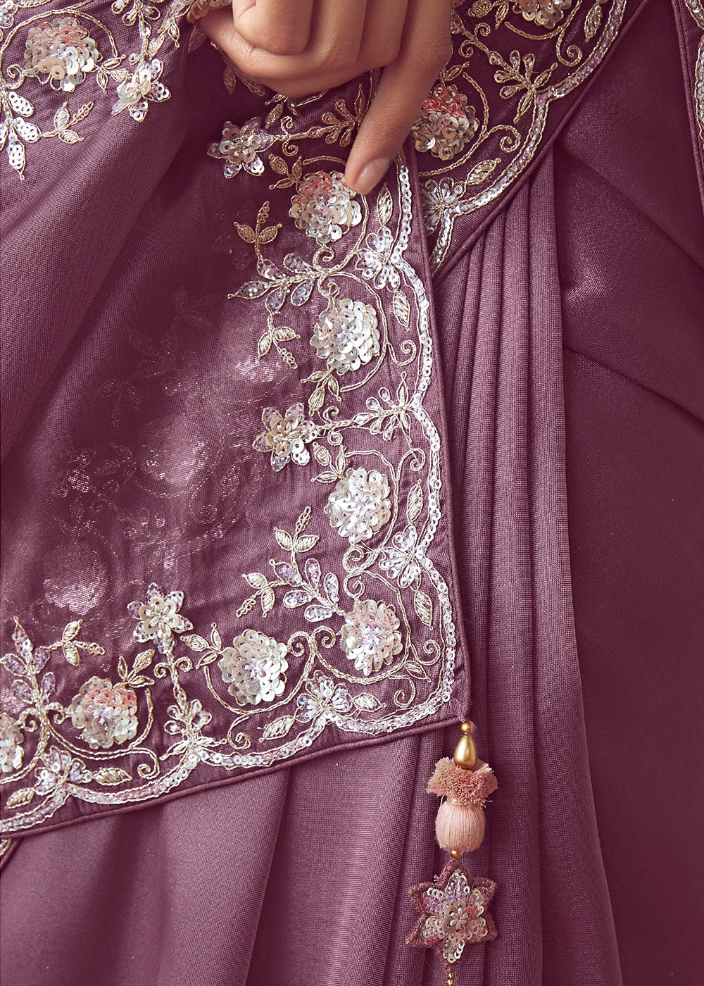 African Purple Tissue Saree with Floral Embroidery Design