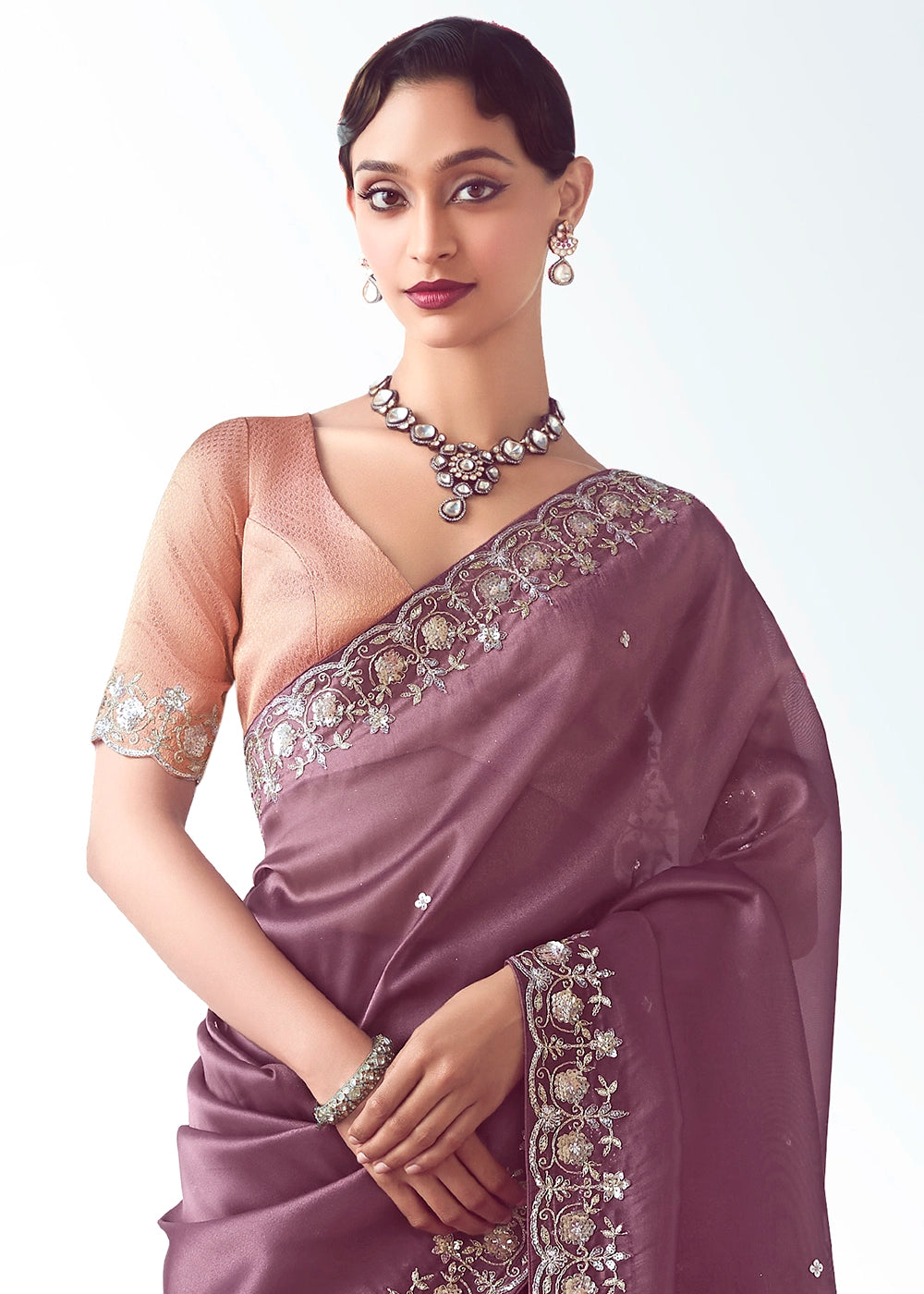 African Purple Tissue Saree with Floral Embroidery Design
