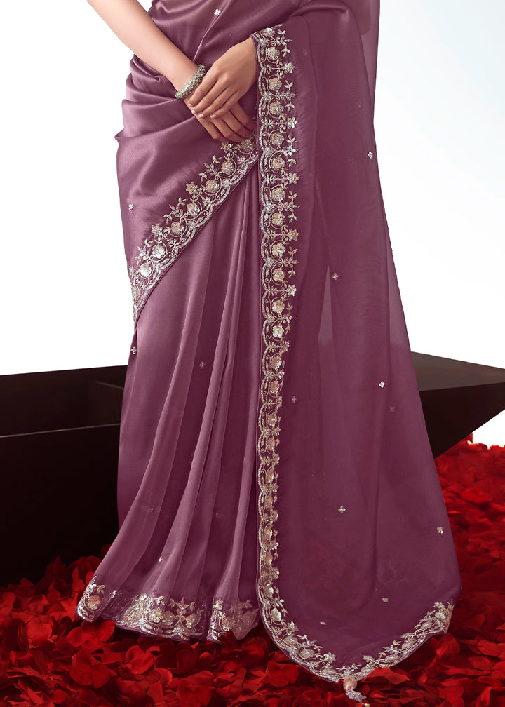 African Purple Tissue Saree with Floral Embroidery Design