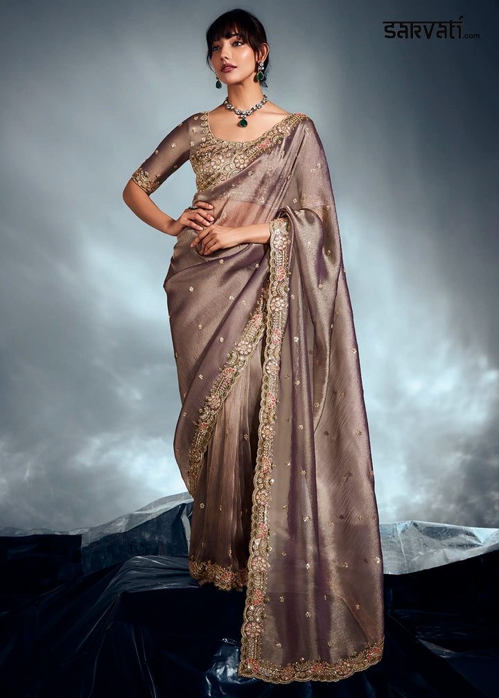 Greyish Purple Designer Saree in Tissue Fabric with Hand Embroidery