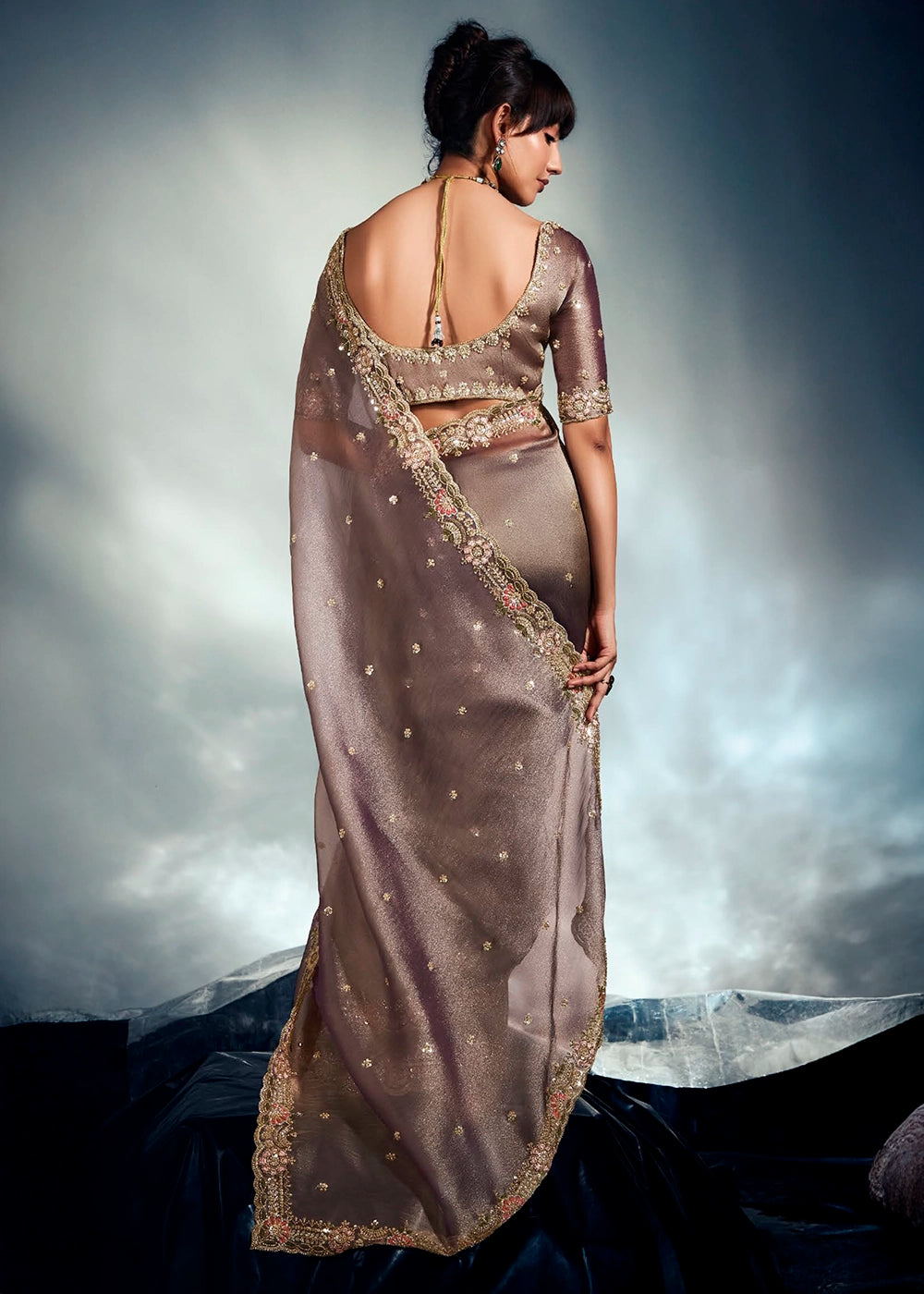 Greyish Purple Designer Saree in Tissue Fabric with Hand Embroidery
