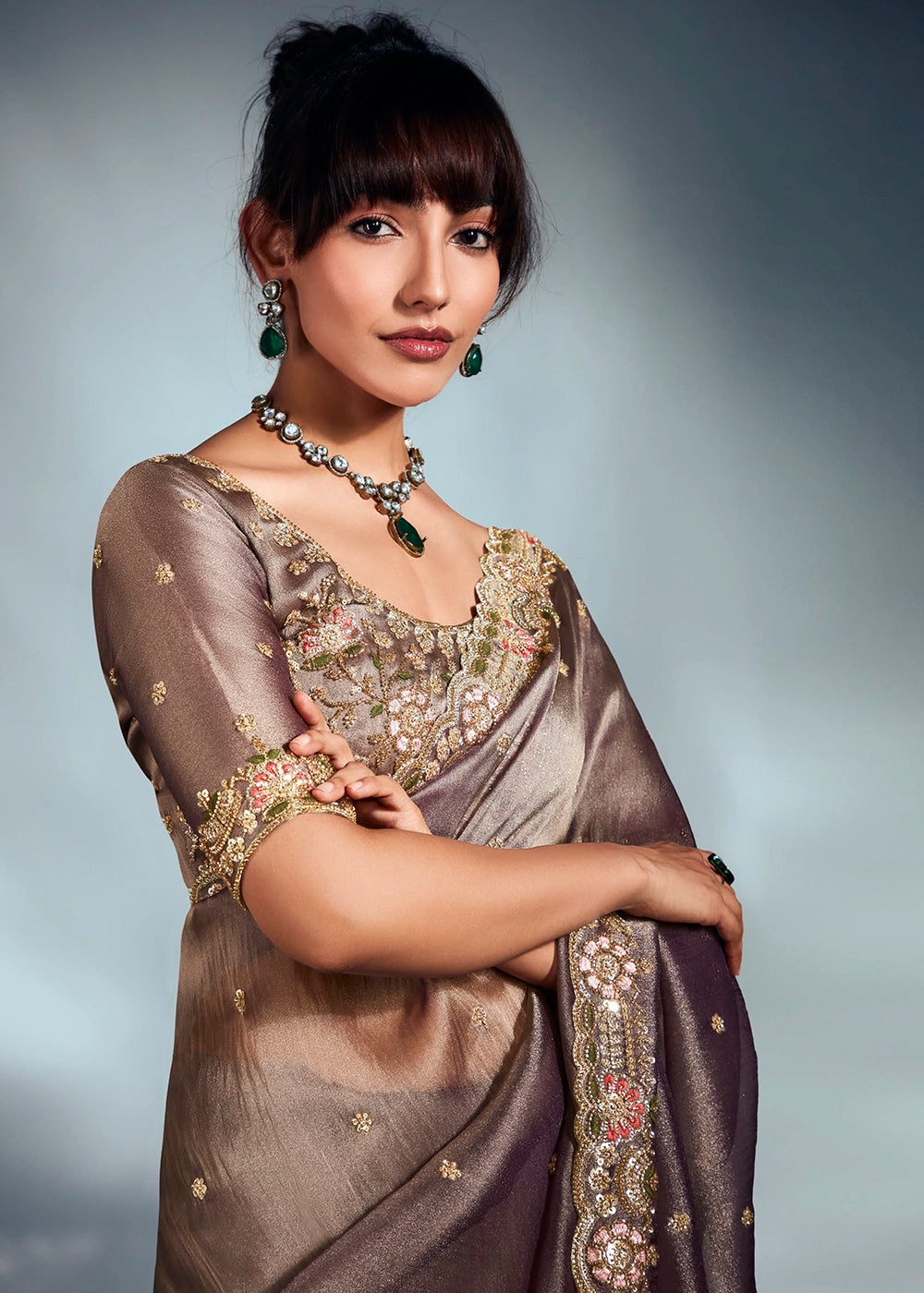 Greyish Purple Designer Saree in Tissue Fabric with Hand Embroidery