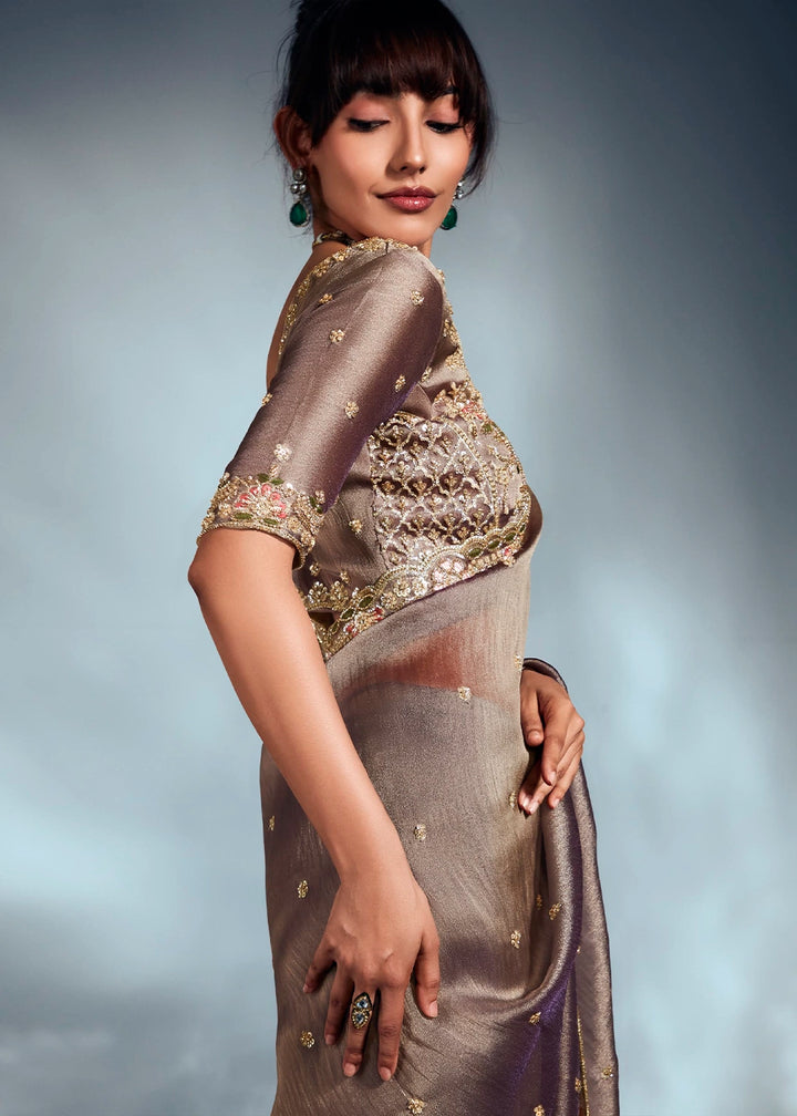 Greyish Purple Designer Saree in Tissue Fabric with Hand Embroidery