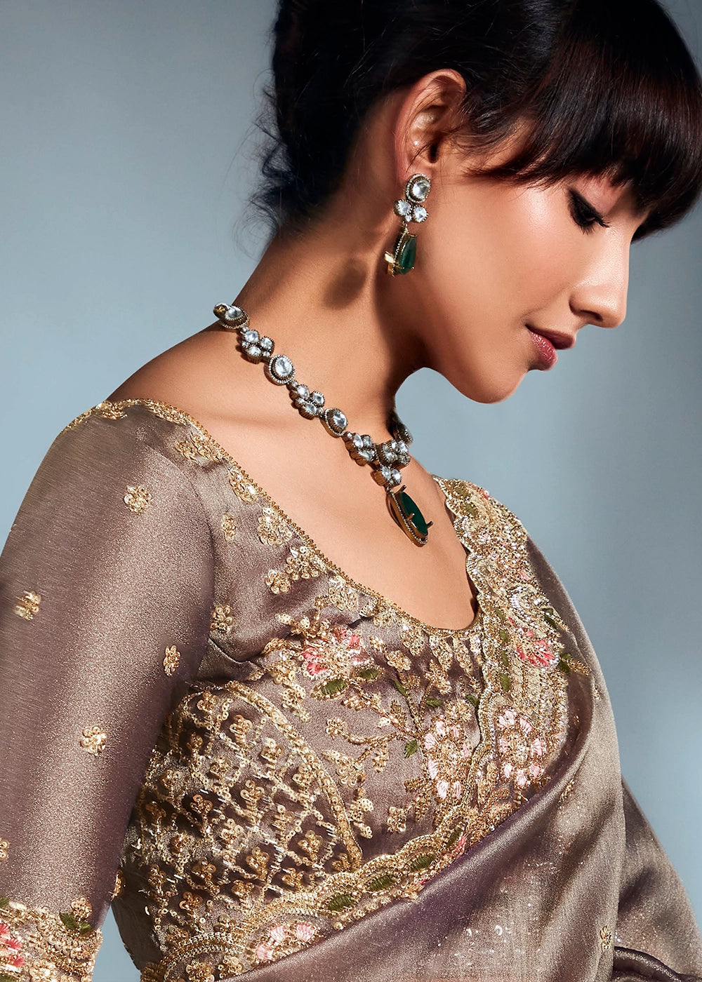 Greyish Purple Designer Saree in Tissue Fabric with Hand Embroidery
