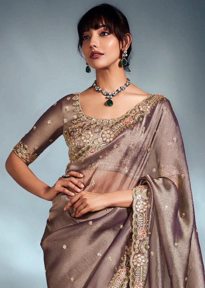 Greyish Purple Designer Saree in Tissue Fabric with Hand Embroidery