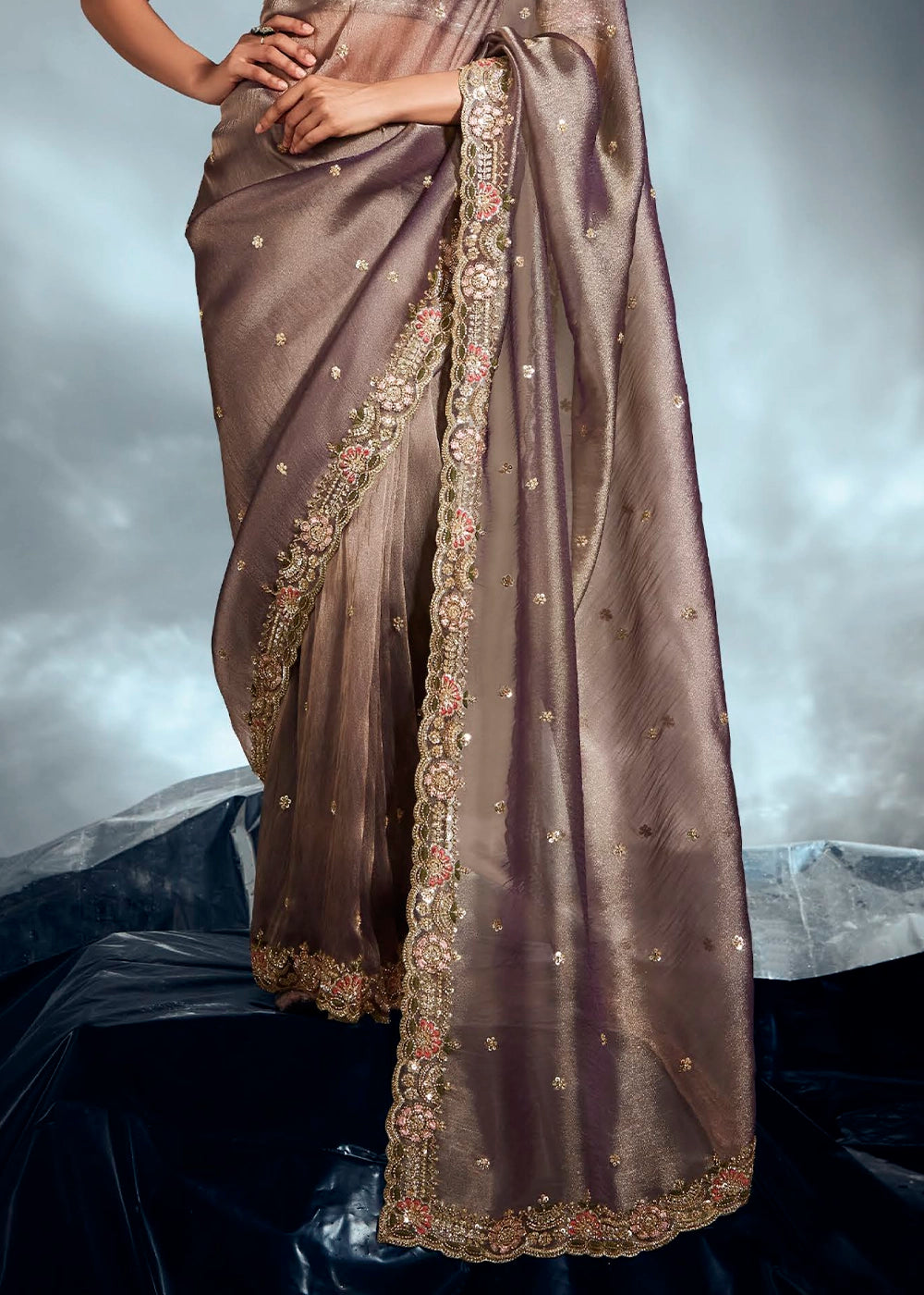 Greyish Purple Designer Saree in Tissue Fabric with Hand Embroidery