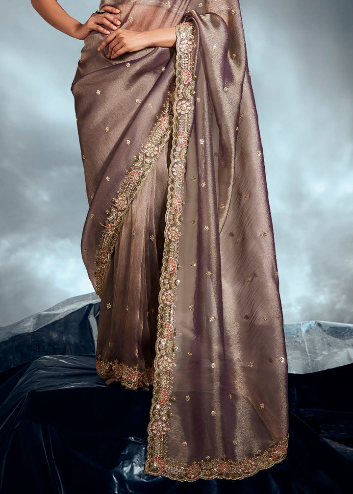 Greyish Purple Designer Saree in Tissue Fabric with Hand Embroidery