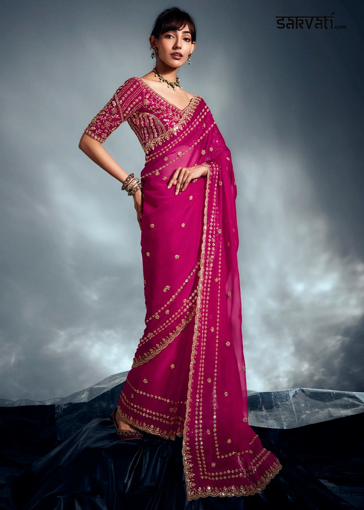 Hot Pink Designer Saree in Organza Fabric with Hand Embroidery