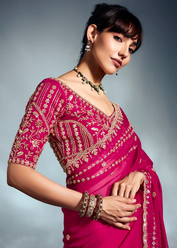 Hot Pink Designer Saree in Organza Fabric with Hand Embroidery