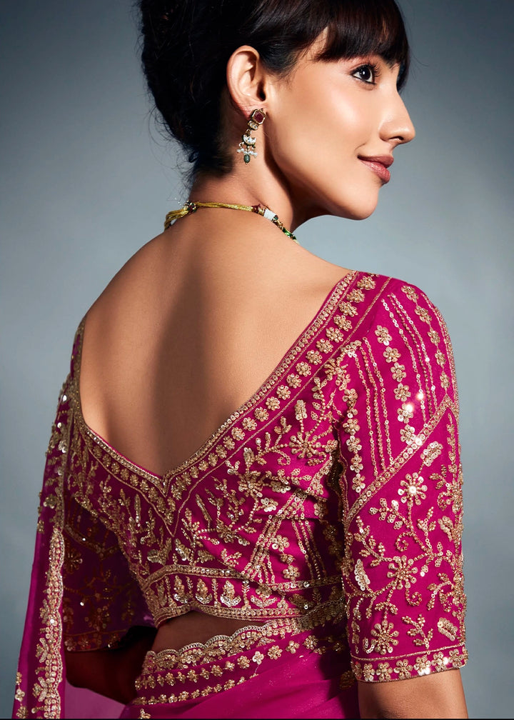Hot Pink Designer Saree in Organza Fabric with Hand Embroidery