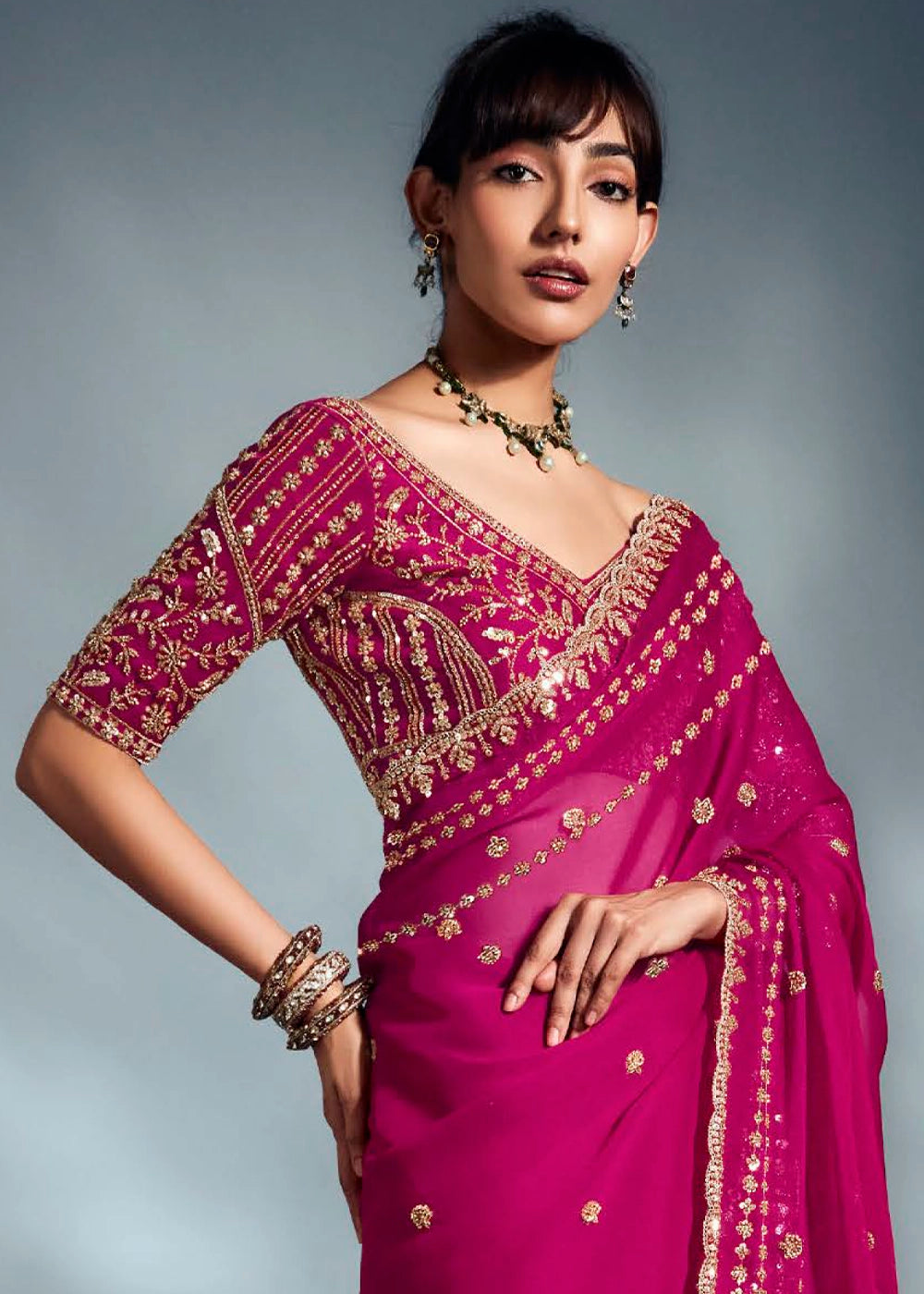 Hot Pink Designer Saree in Organza Fabric with Hand Embroidery