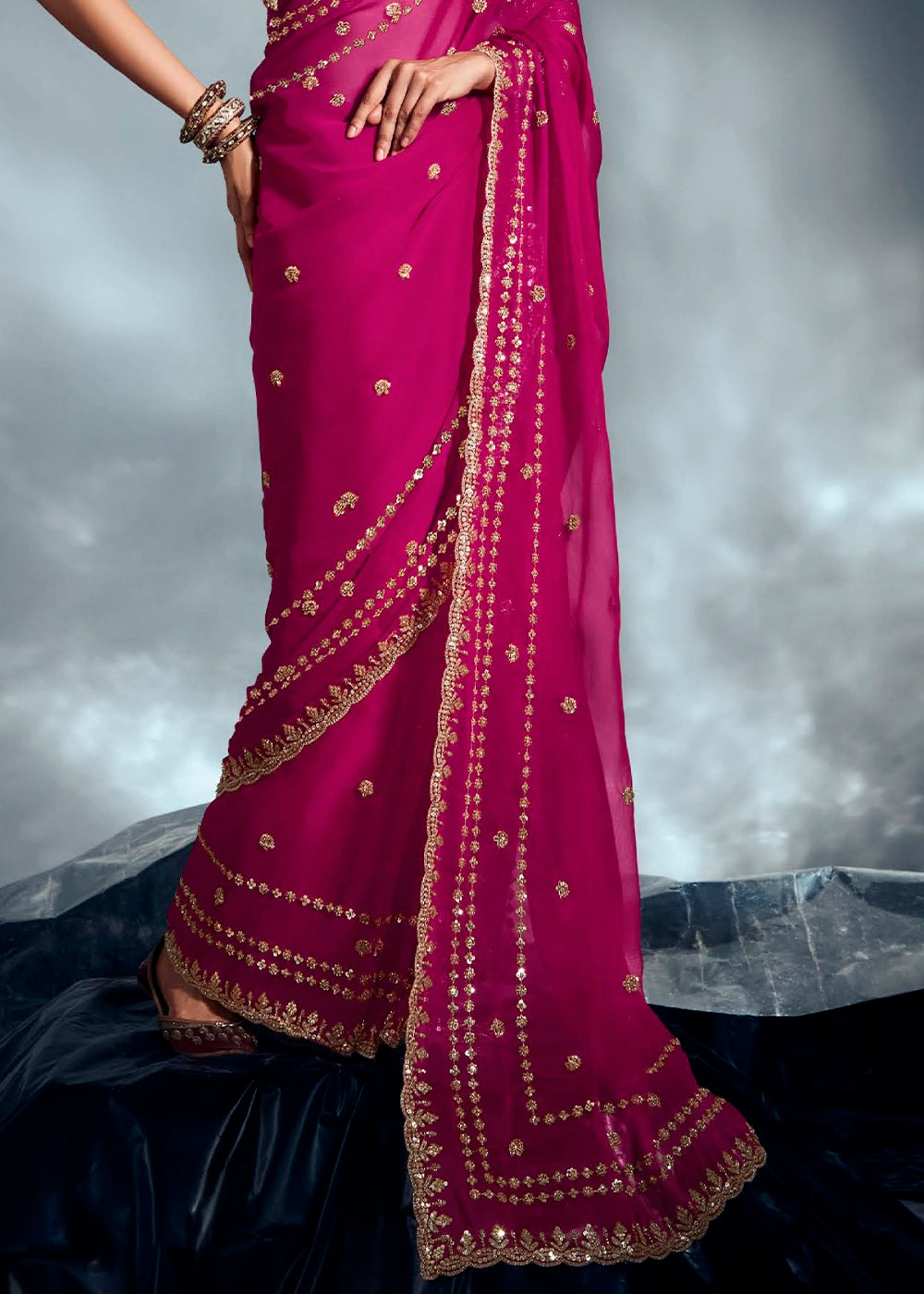 Hot Pink Designer Saree in Organza Fabric with Hand Embroidery