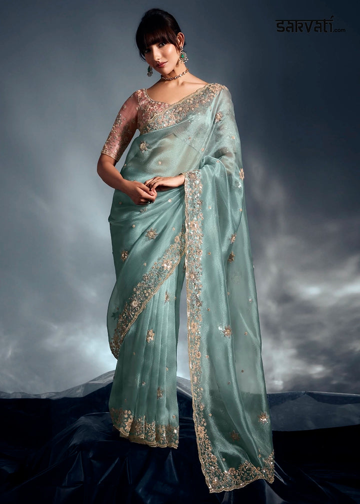 Middle Blue Designer Saree in Tissue Fabric with Hand Embroidery