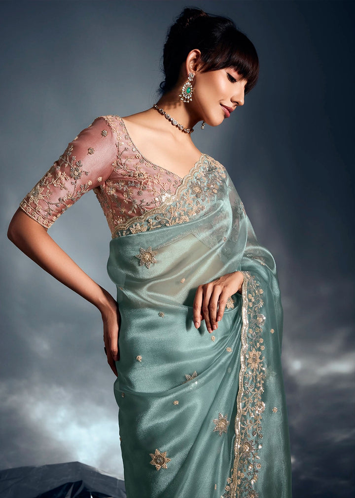 Middle Blue Designer Saree in Tissue Fabric with Hand Embroidery