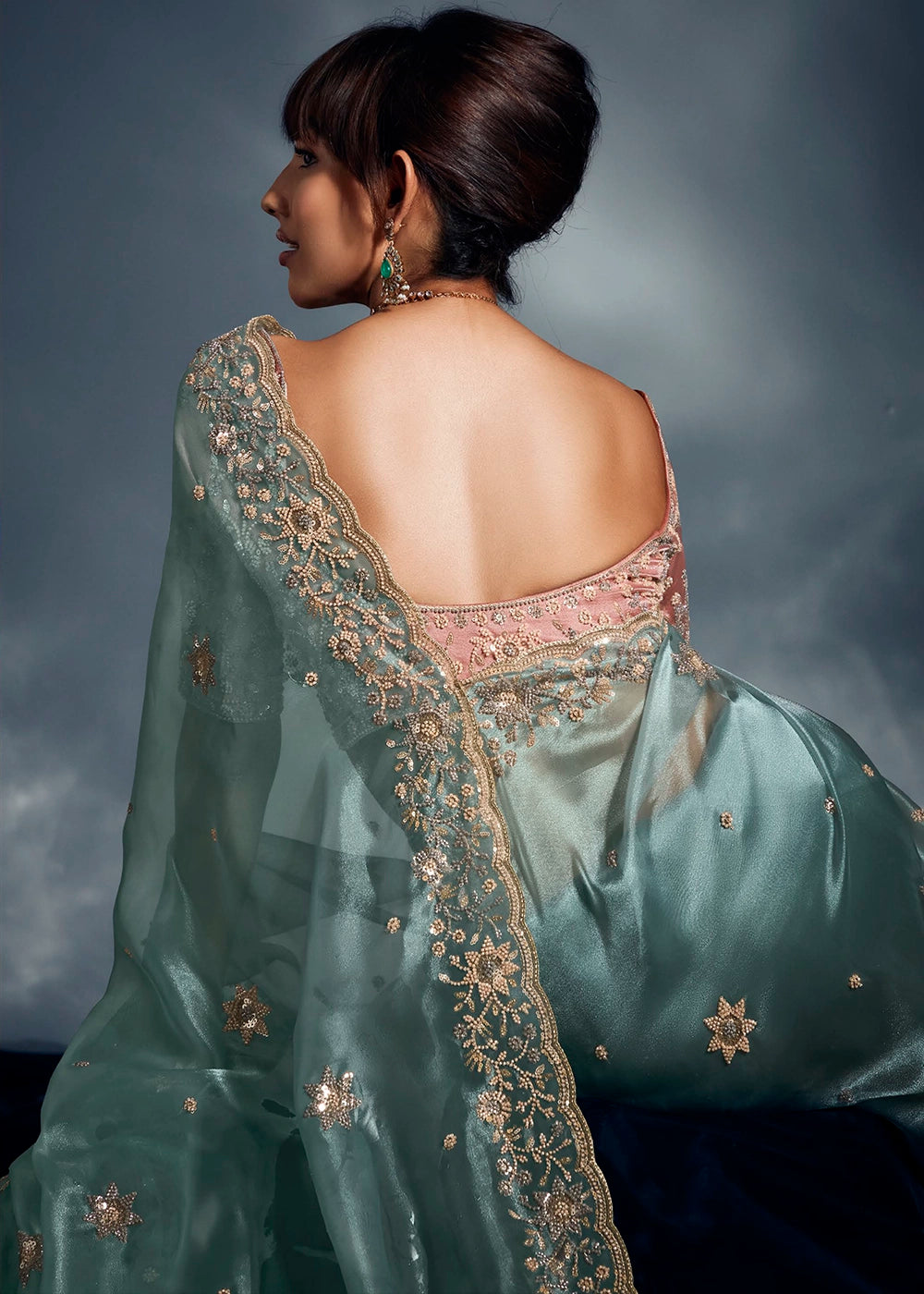 Middle Blue Designer Saree in Tissue Fabric with Hand Embroidery