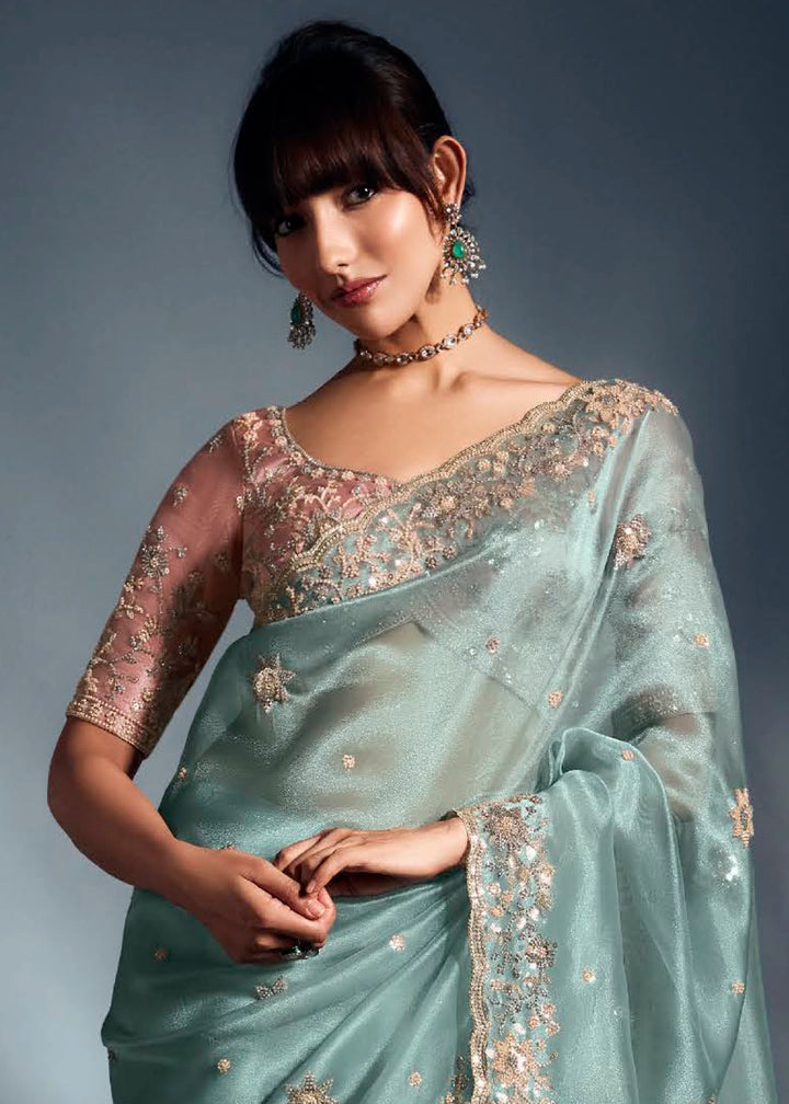 Middle Blue Designer Saree in Tissue Fabric with Hand Embroidery