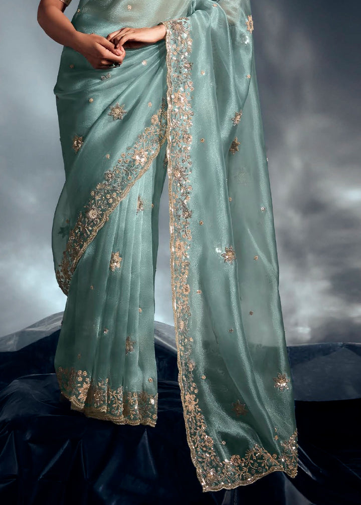 Middle Blue Designer Saree in Tissue Fabric with Hand Embroidery